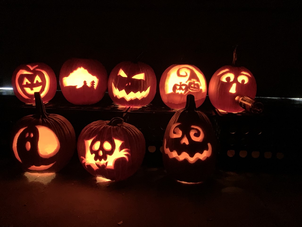 All the carved pumpkins lit up