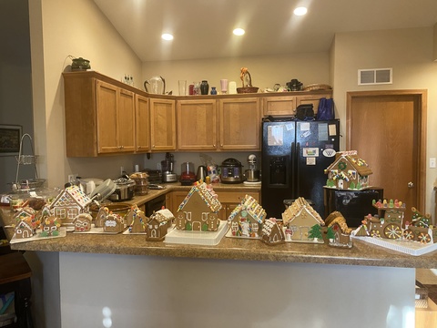 All of the gingerbread houses lined up on the counter